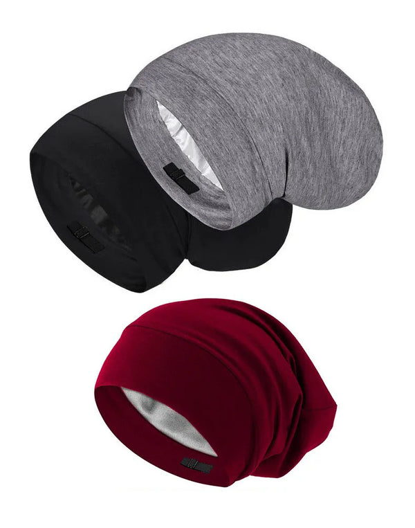 Bonnet de nuit coton femme noir, gris rouge