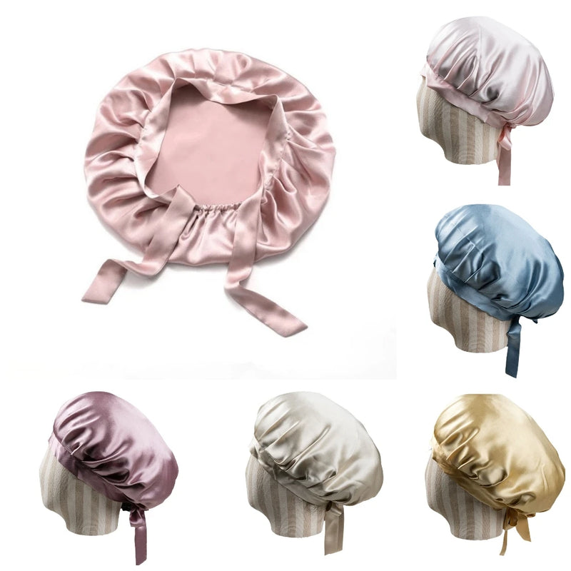 Bonnet de nuit en soie rose, bleu, gris, or, violet