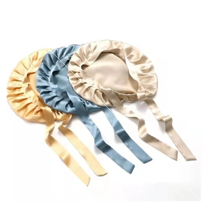 Bonnet de nuit en soie bleu, jaune, beige