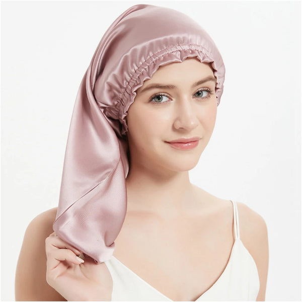 Bonnet de nuit en soie cheveux longs rose