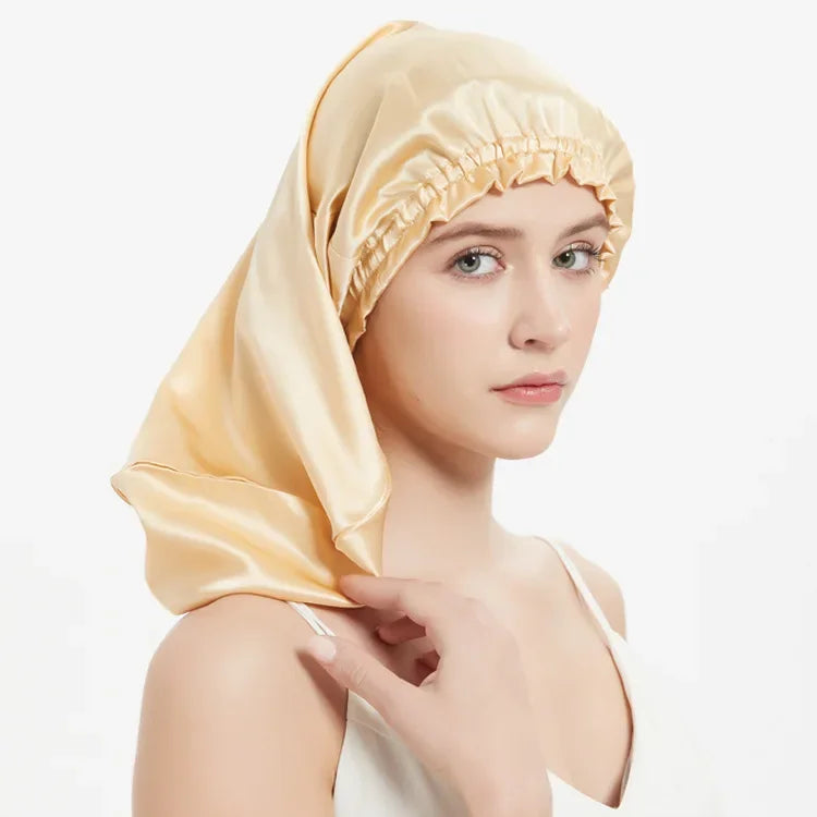 Bonnet de nuit en soie cheveux longs jaune