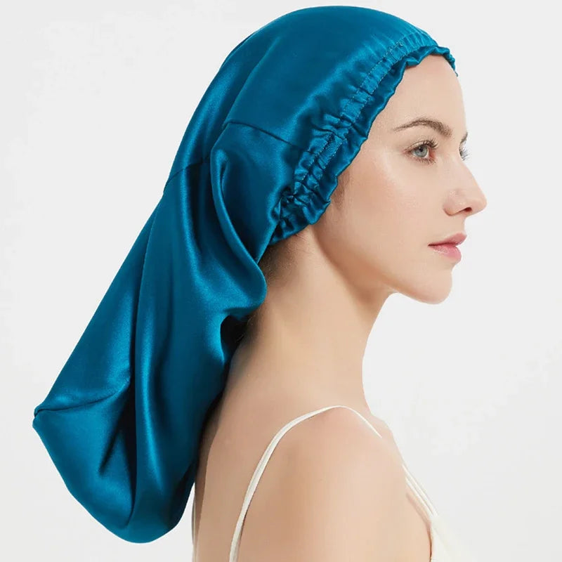 Bonnet de nuit en soie cheveux longs bleu
