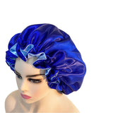 Bonnet de nuit satin cheveux bouclés bleu ciel/ violet
