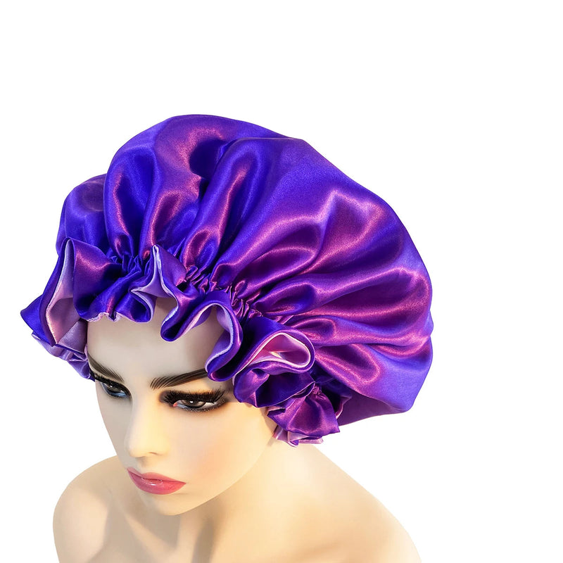 Bonnet de nuit satin cheveux bouclés violet rose