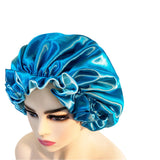 Bonnet de nuit satin cheveux bouclés bleu/vert