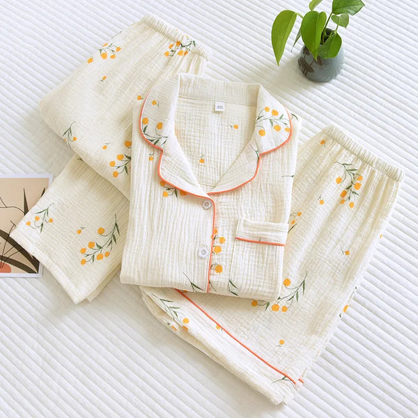 Pyjama 3 pièces femme coton imprimé fleur