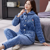 Pyjama velours coton femme bleu