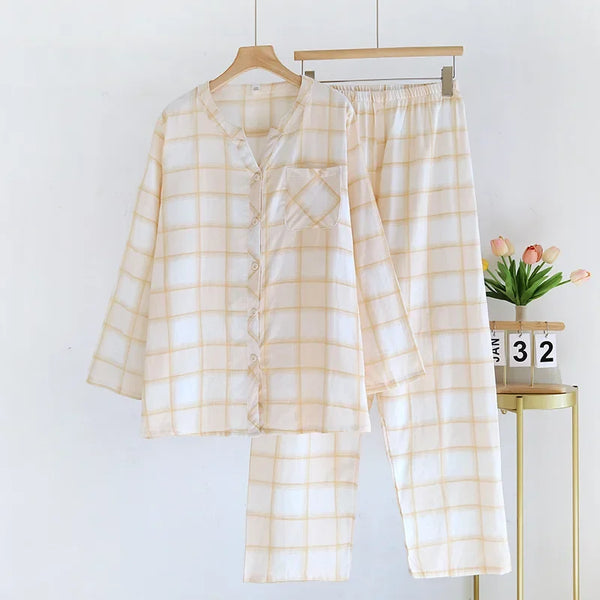 Pyjama en gaze de coton femme jaune/blanc avec carreaux