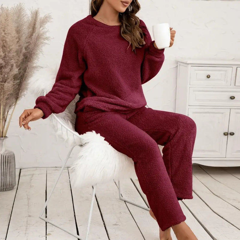 Pyjama femme en peluche bordeaux