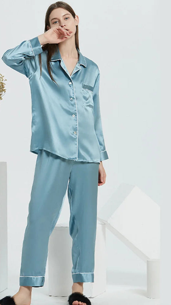 Pyjama femme en soie naturelle bleu