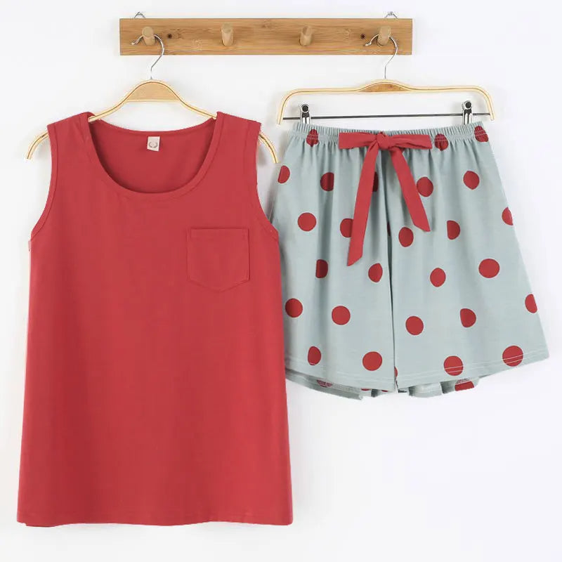 Pyjama femme été coton rouge/gris