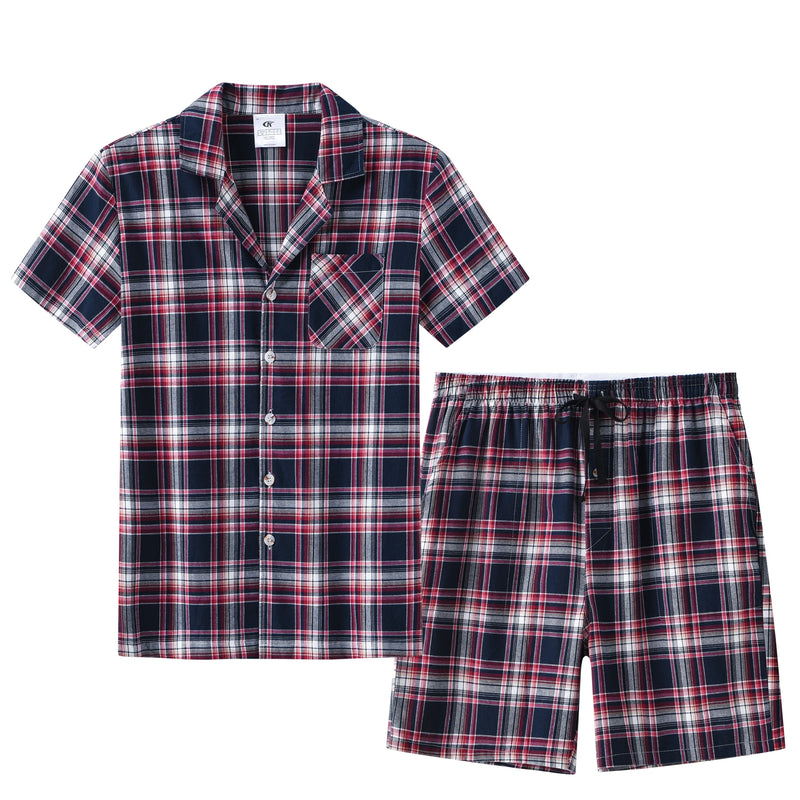Pyjama homme été court carreaux bleu nuit rose