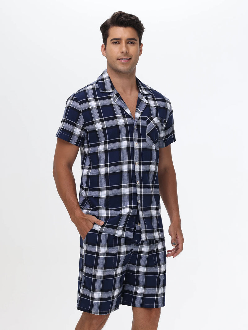 Pyjama homme été court carreaux  Bleu nuit blanc