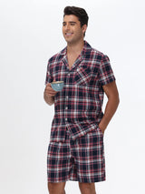 Pyjama homme été court carreaux  rouge bleu nuit 