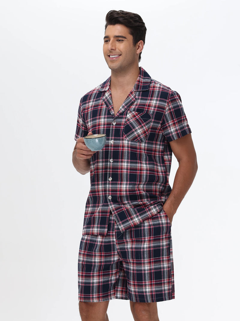 Pyjama homme été court carreaux  rouge bleu nuit 