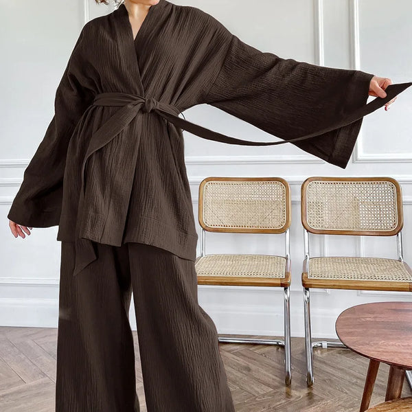 Pyjama kimono femme coton MARRON