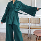 Pyjama kimono femme coton vert foncé