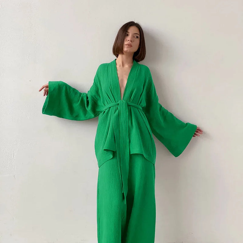 Pyjama kimono femme coton vert clair
