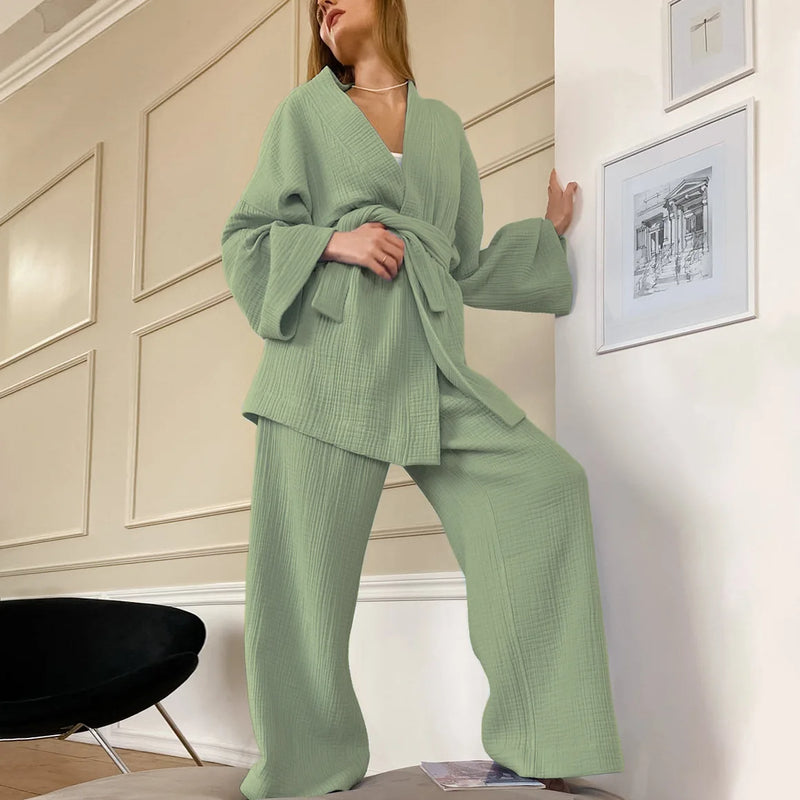 Pyjama kimono femme coton vert clair