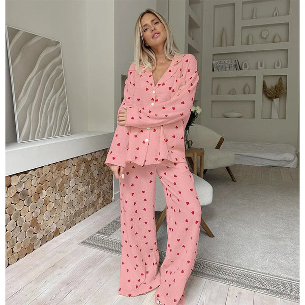 Ensemble pyjama long femme coton rose avec des cœurs