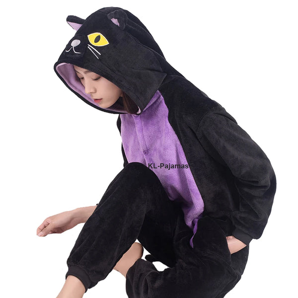 Pyjama pilou pilou femme chat noir et violet
