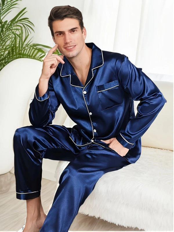 Pyjama satin bleu homme