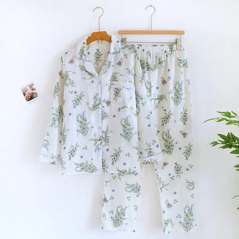 Pyjamas femme chaud printemps blanc imprimé fleurs
