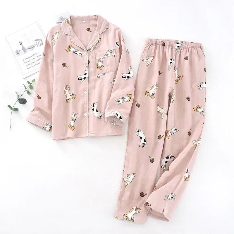 Pyjamas femme chaud printemps rose imprimé chat