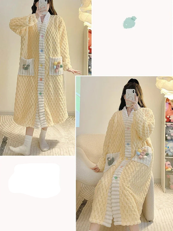 Robe de chambre boutonnée femme polaire jaune
