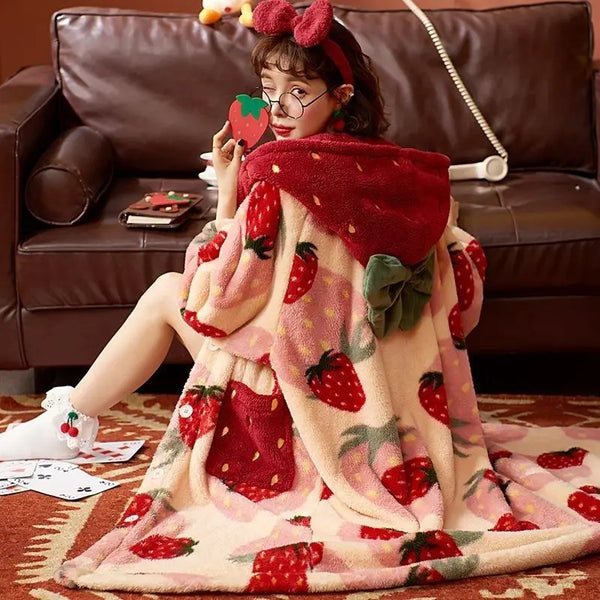 Robe de chambre capuche femme imprimé fraise rouge
