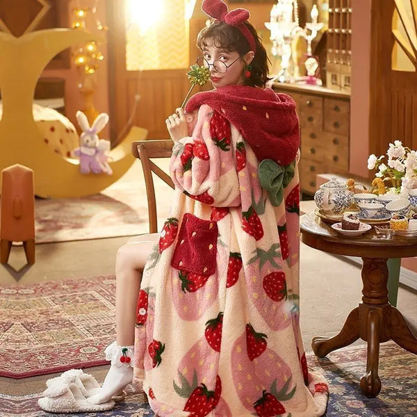 Robe de chambre capuche femme imprimé fraise rouge