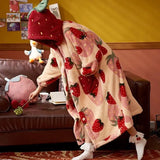Robe de chambre capuche femme imprimé fraise rouge