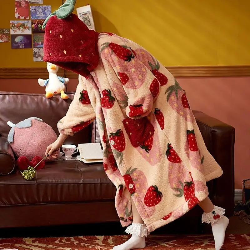 Robe de chambre capuche femme imprimé fraise rouge