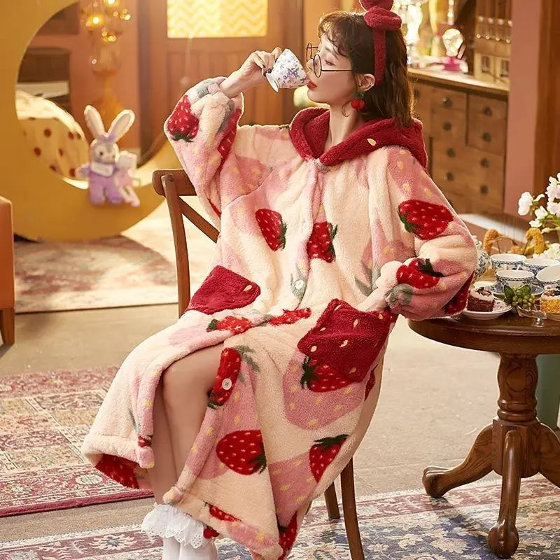 Robe de chambre capuche femme imprimé fraise rouge