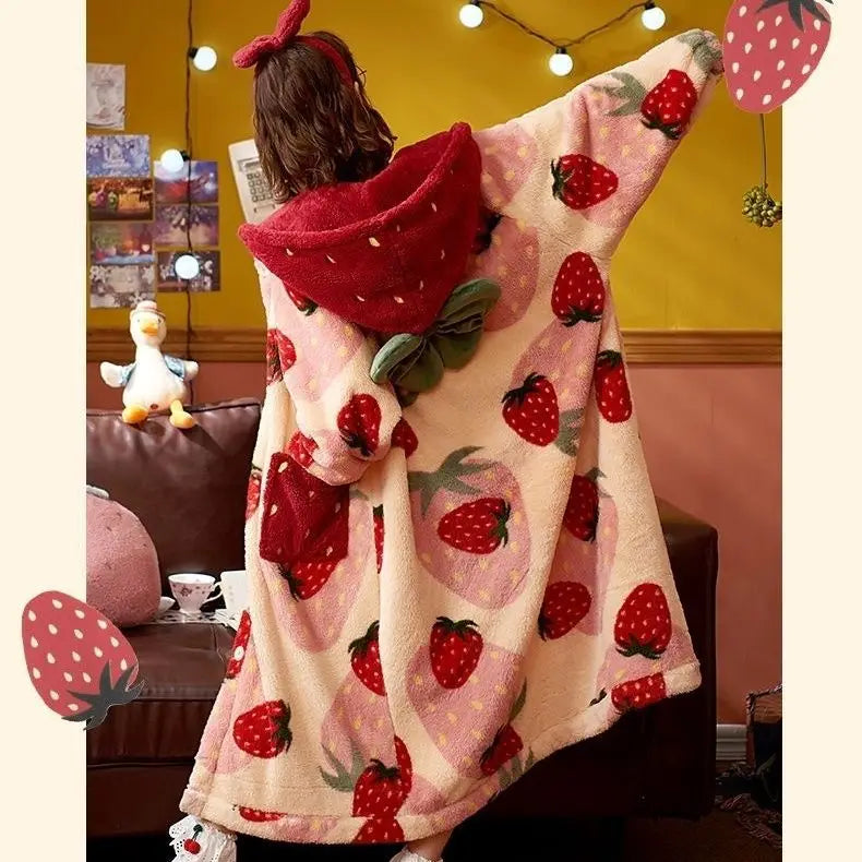 Robe de chambre capuche femme imprimé fraise rouge