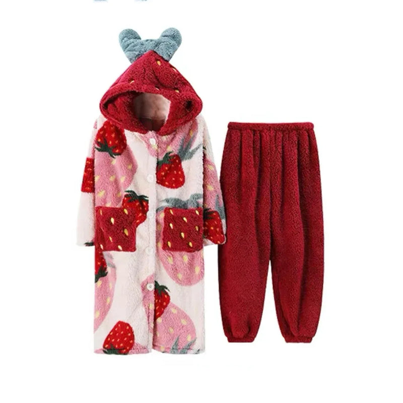 Robe de chambre capuche femme imprimé fraise rouge
