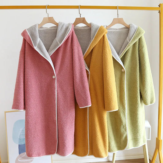 Robe de chambre en laine  pour femme avec bouton rose jaune, or, vert