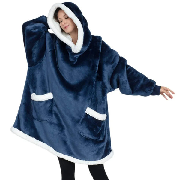 Robe de chambre en laine  pour femme bleu marine capuche blanche