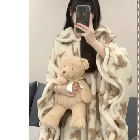 Robe de chambre polaire femme avec capuche beige avec des oursons bruns