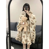 Robe de chambre polaire femme avec capuche beige avec des oursons bruns