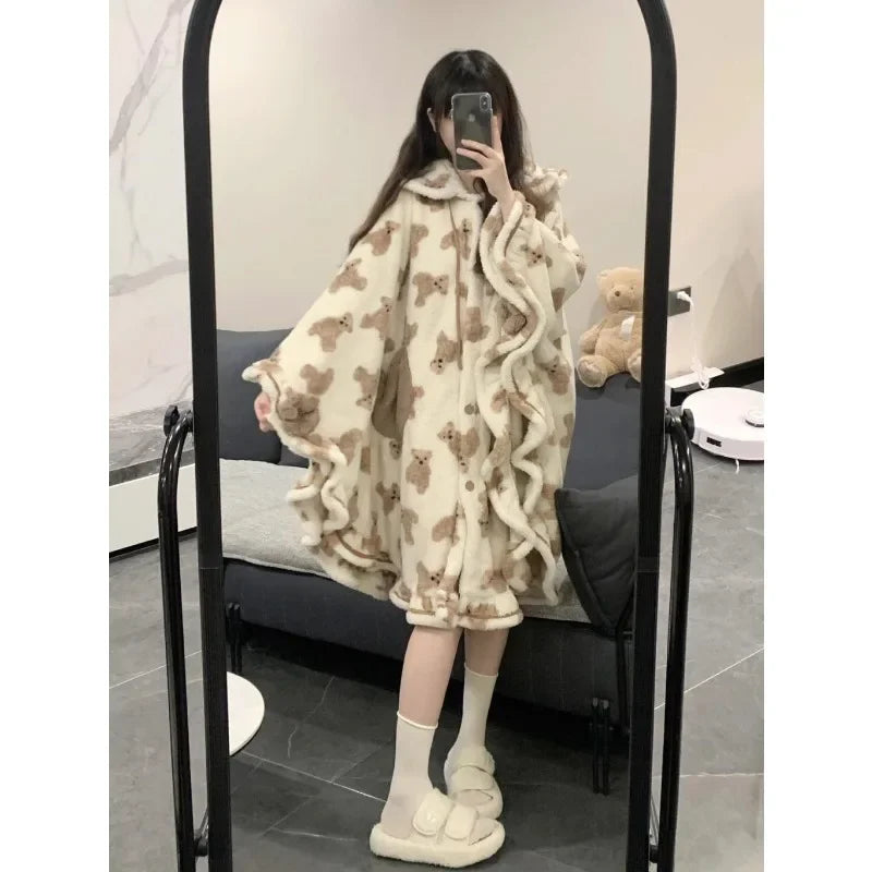 Robe de chambre polaire femme avec capuche beige avec des oursons bruns