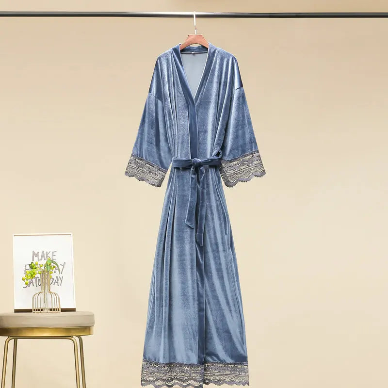 Robe de chambre femme velours luxe bleu gris
