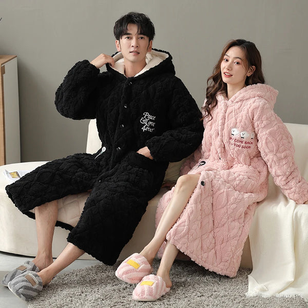 Robe de chambre polaire chaude femme rose et noire
