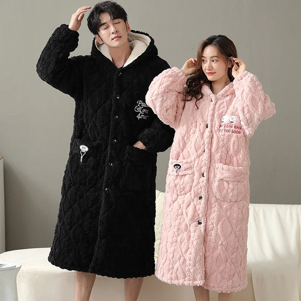 Robe de chambre polaire chaude femme noire et rose
