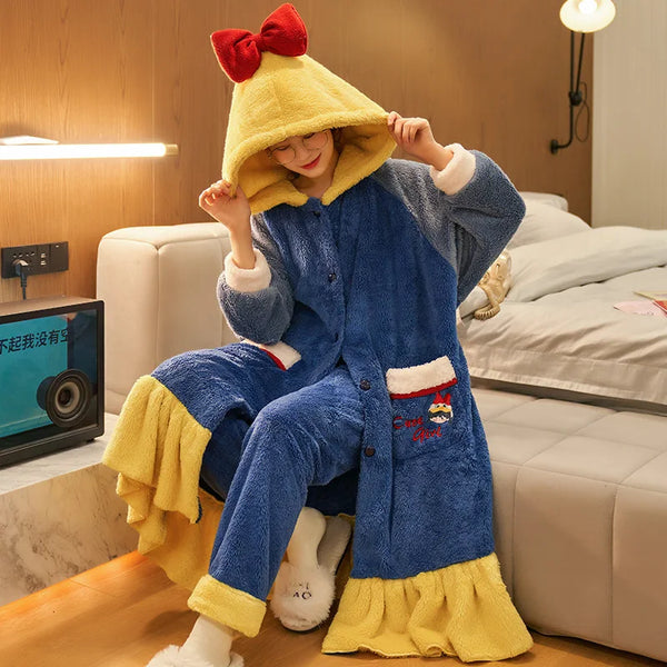 Robe de chambre polaire femme originale bleue et jaune