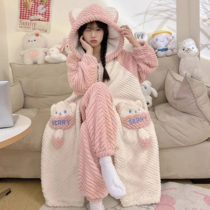Robe de chambre polaire femme originale rose/ blanche
