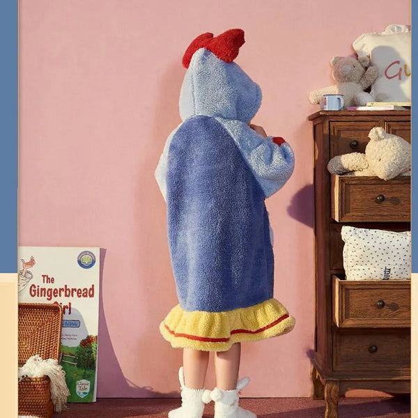 Robe de chambre polaire fille bleue, jaune et rouge