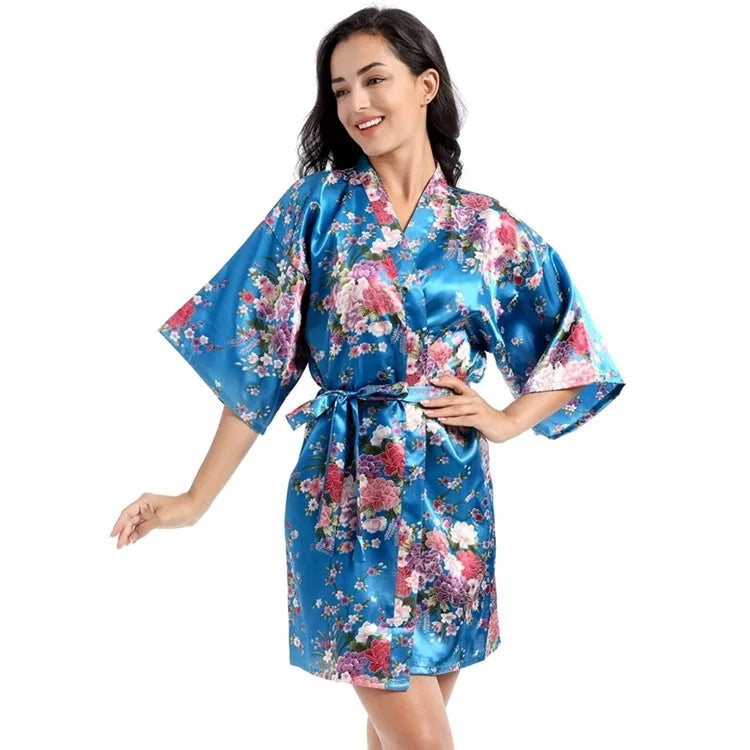 Robe de chambre été femme imprimé bleu ciel  fleur rouge