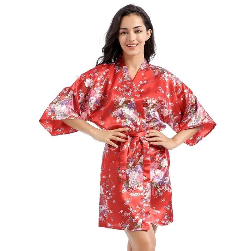 Robe de chambre été femme  ROUGE imprimé  fleur rose