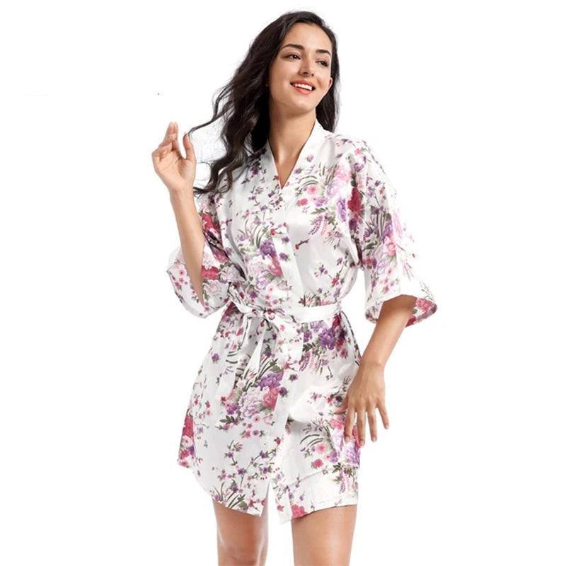 Robe de chambre été femme BLANCHE imprimé  fleur VIOLET